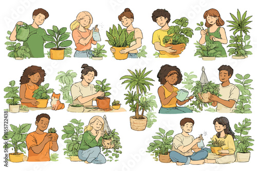 Diverse group of people tending to houseplants