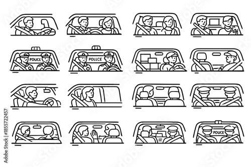 Set of Line Art Icons Showing People in Cars