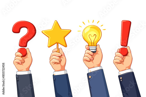 Hands holding symbols for question, star, idea, and exclamation