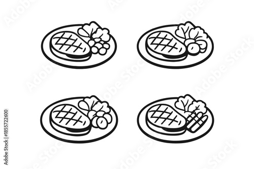 Four Steak Dinner Icons with Side Dishes on Plates