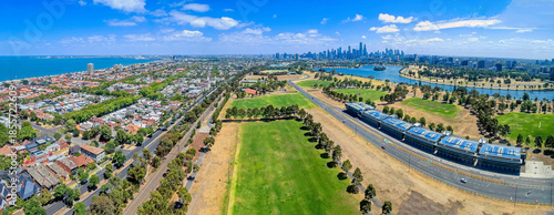Panoramic Aerial View of Albert Park Lake and Racing Circuit Roads in Melbourne