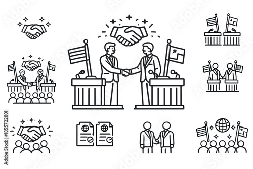 Business handshake icons and symbols representing agreement, diplomacy and partnership