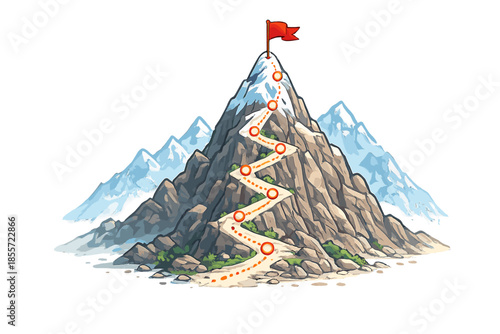 Mountain Summit Path with Red Flag