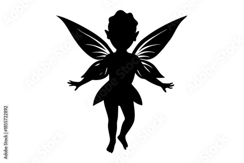 Silhouette of a cute fairy with wings outstretched black Vector, baby fairy silhouette art, fairy black symbol