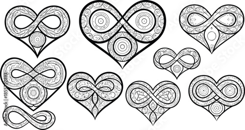 Heart infinity symbol, mandala love design, romantic eternal pattern, decorative swirls, abstract sacred geometry, ornamental tattoo, bohemian art, spiritual connection