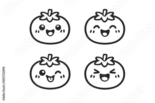 Four cute cartoon tomatoes with different happy expressions
