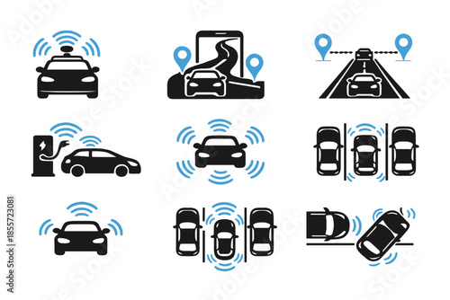 Smart Car Technology and Autonomous Driving Icons
