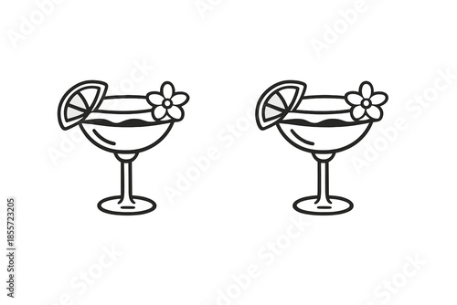 Two identical cocktails with lime and flower garnish