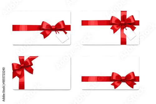 Four gift cards with red ribbon and bow