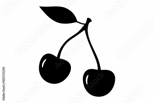 cherries black silhouette, black cherries with stems and a leaf Vector