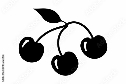 cherries black silhouette, black cherries with stems and a leaf Vector