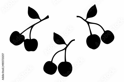 cherries black silhouette, black cherries with stems and a leaf Vector