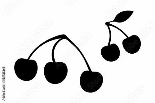 cherries black silhouette, black cherries with stems and a leaf Vector