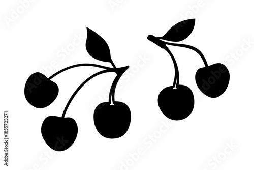 cherries black silhouette, black cherries with stems and a leaf Vector