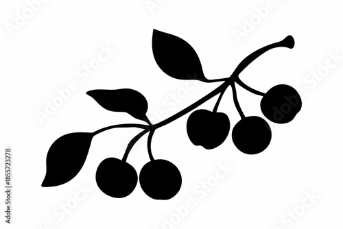 cherries black silhouette, black cherries with stems and a leaf Vector