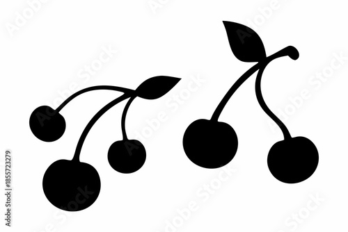 cherries black silhouette, black cherries with stems and a leaf Vector
