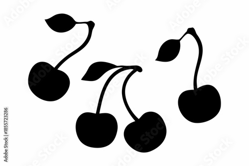 cherries black silhouette, black cherries with stems and a leaf Vector