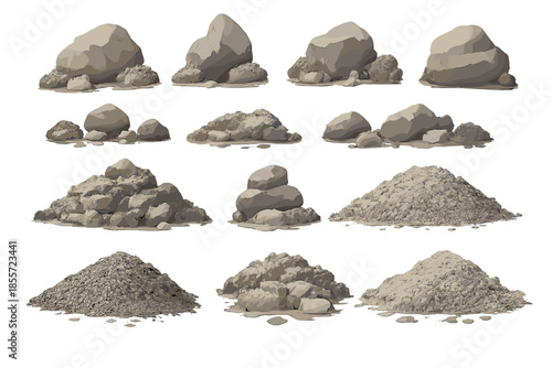 Collection of realistic 3D rendered rocks and gravel piles