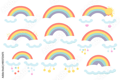 Colorful Rainbows with Clouds and Raindrops