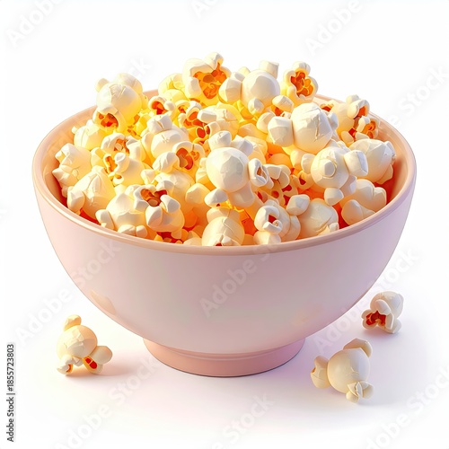 Pink bowl overflowing with freshly popped, fluffy, buttery popcorn