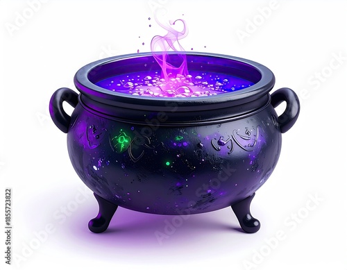 A bubbling cauldron emits swirling pink smoke. Glowing specks surround