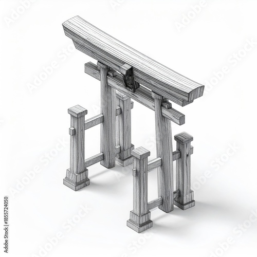 Isometric view of a gray-toned wooden Japanese torii gate