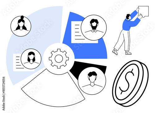 Teamwork concept. Teamwork through gear, pie chart, and user profiles. Teamwork improves collaboration, strategic planning, and financial management. For HR, project management and business tools