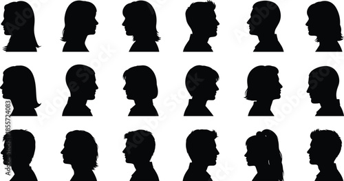 Human head silhouette collection, profile icon set, hairstyle variation illustration, facial outline symbols, artistic portrait pack, diverse head designs