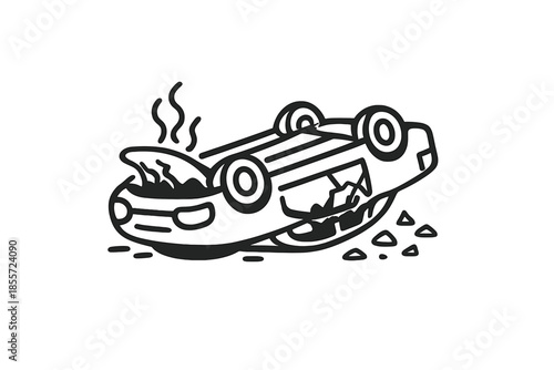 Cartoon of a flipped over and smoking car
