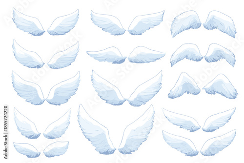 Collection of ethereal white angel wings on a blurred background