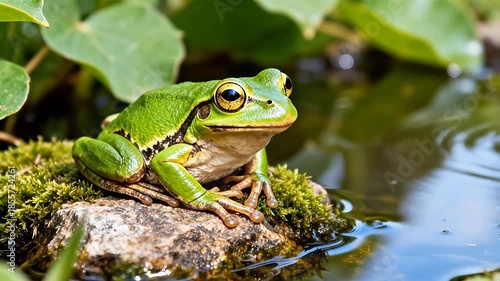Wallpaper Mural Green frog on mossy rock near water Torontodigital.ca