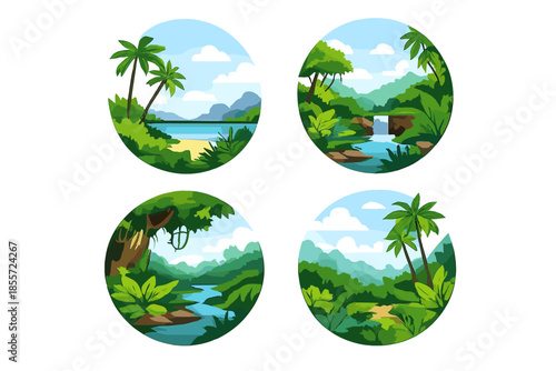 Four circular vignettes of lush tropical jungle scenery