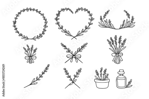 Botanical illustrations with lavender, wreaths and essential oil bottle