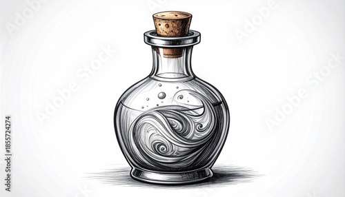 Etched glass bottle filled with swirling liquid, sealed with cork