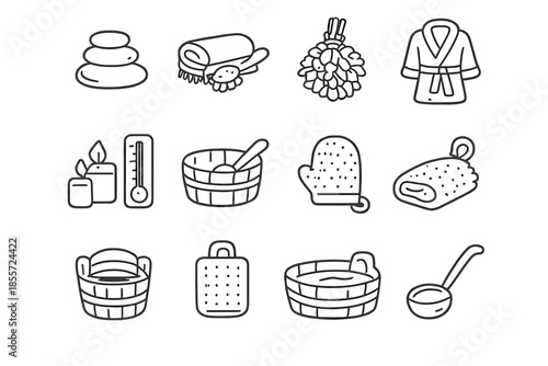 Sauna accessories line art icons