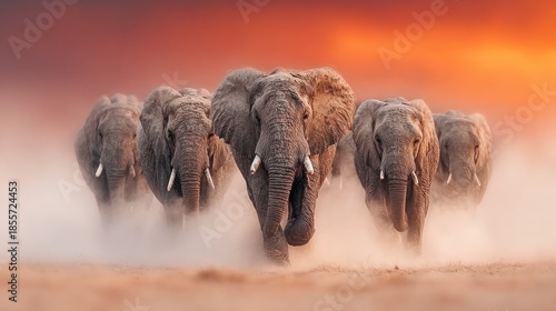 Majestic elephants in a dramatic sunset