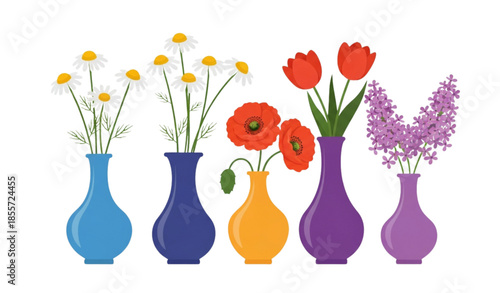 Colored vases with blooming flowers vector set including chamomile, tulip, poppy, and lilac isolated on white background