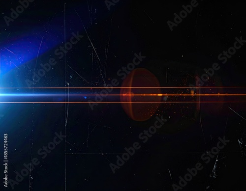 Abstract image of blue and orange light flares across a dark scratched background