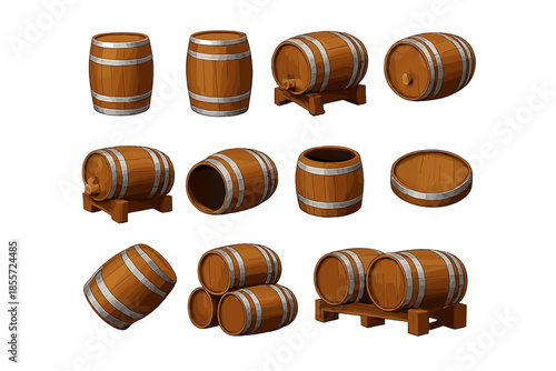 Collection of wooden barrels in various poses and arrangements