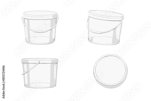 Set of four white plastic buckets shown from different angles