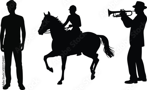 Human silhouette vector, standing person design, horseback rider icon, equestrian activity artwork, trumpet player illustration, musician silhouette graphic