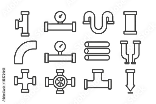 Set of stylized pipeline components and gauges on a dark background