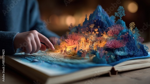 A child's hand interacts with a pop-up diorama in an open book