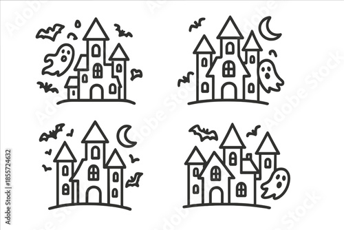 Halloween haunted house icons with ghosts and bats