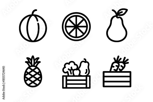 Black outline icons of fruits and vegetables on a dark gray background