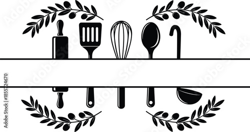 Kitchen utensil illustration set, rolling pin spatula whisk spoon ladle vector, culinary decorative artwork, cooking design, food artwork