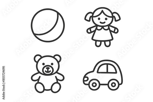 Four cartoon toys on a grey background