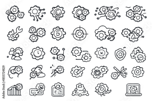 Collection of abstract gear and cog icons with sketchy outline