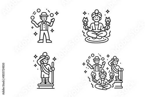 Four stylized characters performing various actions
