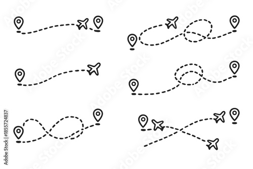 Airplane Route Icons with Dotted Lines and Pins